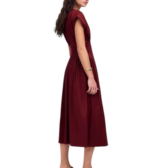 NWT Madewell Pleated V Neck Midi Dress Linen Blend Vintage Burgundy Size 2 - Picture 3 of 11